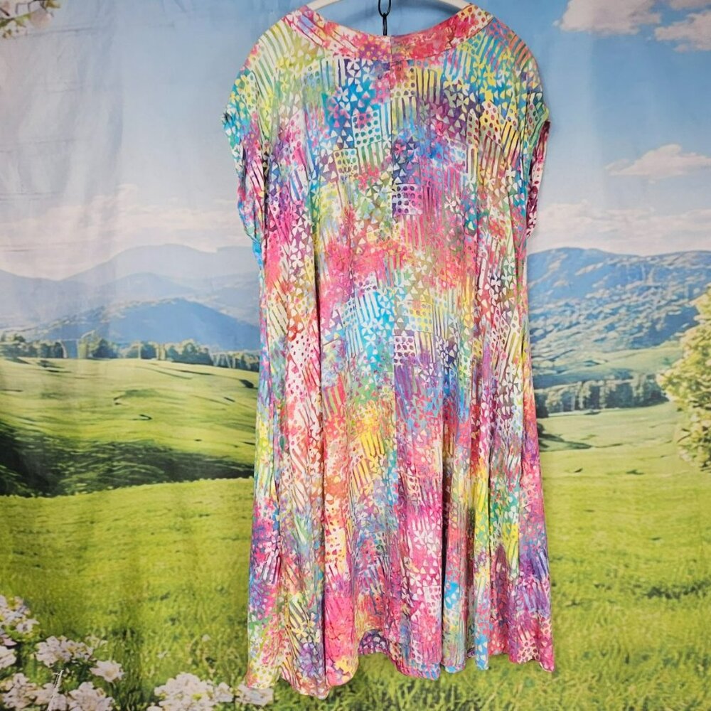 Hand Kreation XL Colorful Boho Hippie V-Neck Dress Pockets A Line Womens Knee - Picture 6 of 11